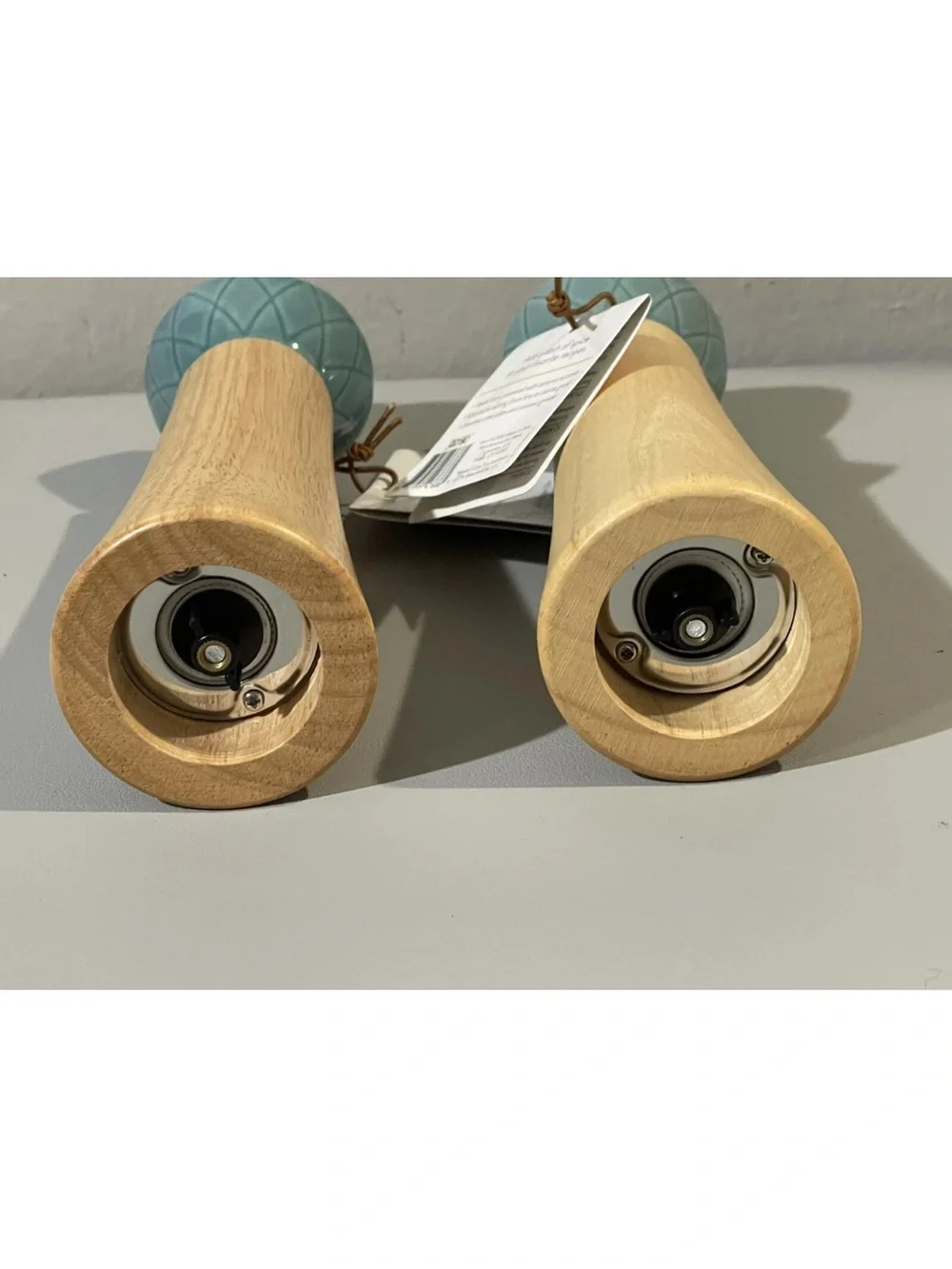 Ceramic-Top Salt and Pepper Mills in Teal and Natural Wood Open Box